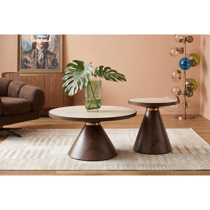 [71332] Coffee Table Cono Walnut Travertin Ø70cm - 1